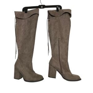 Thigh High Faux Suede Boots 8M Over The Knee Lace Up Taupe Pirate Style Boots